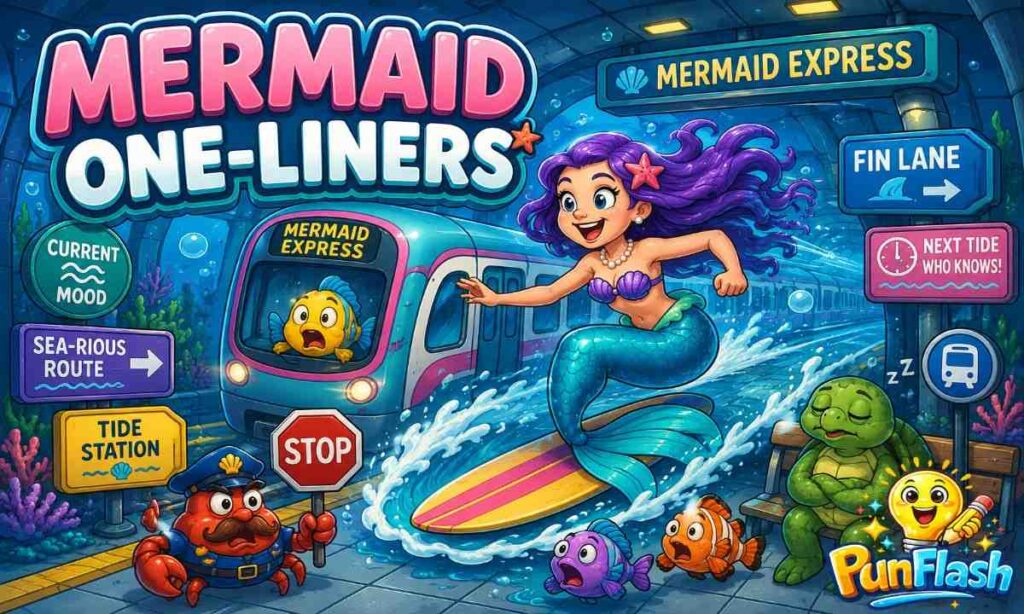 Funny Mermaid Puns One Liners cartoon image featuring a mermaid comedian performing underwater for laughing sea creatures