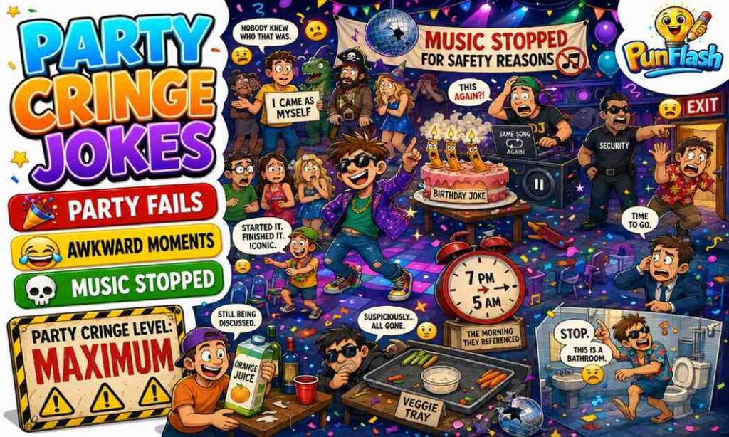 Funny party cringe jokes cartoon image featuring awkward party moments, failed dancing, bad DJ music, and hilarious social humor