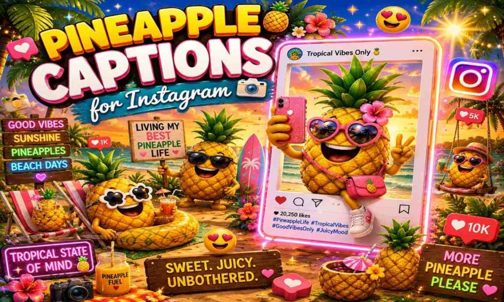 Stylish pineapple characters taking selfies and creating Instagram captions in a tropical beach setting.