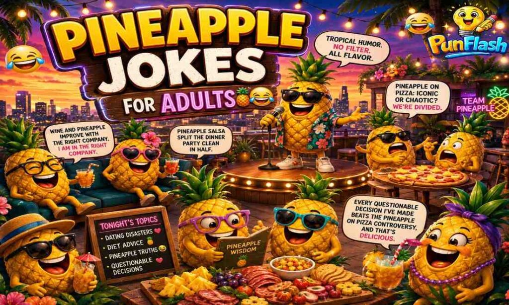 Funny pineapple characters sharing adult pineapple jokes at a tropical rooftop party.
