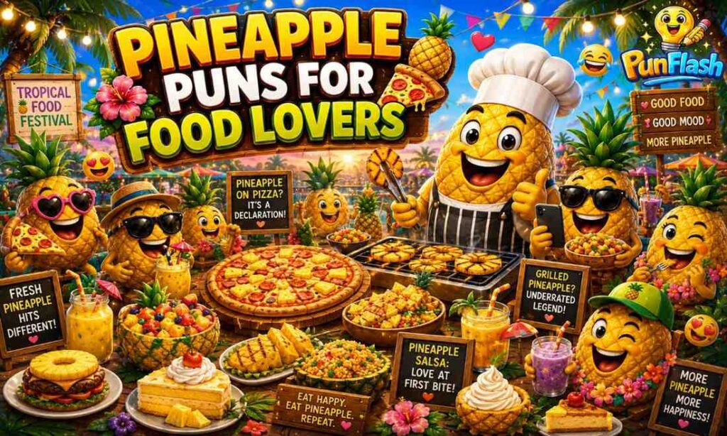 Cartoon pineapple chef serving pineapple pizza, smoothies, fruit salads, and tropical food at a colorful food festival.