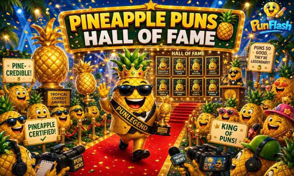 Cartoon pineapple celebrities celebrating in a tropical hall of fame with crowns, trophies, and funny pineapple puns.