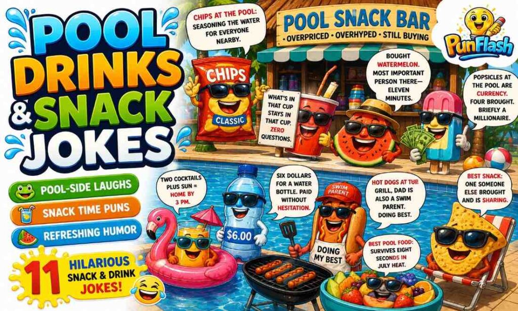 Funny pool drinks and snack jokes featuring cartoon chips, watermelon, popsicles, hot dogs, poolside refreshments, and summer swimming pool humor.