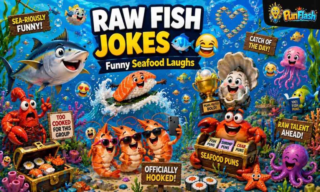 Funny raw fish jokes featuring cartoon tuna, salmon, lobster, shrimp, crab, oyster, and seafood humor in a colorful underwater world