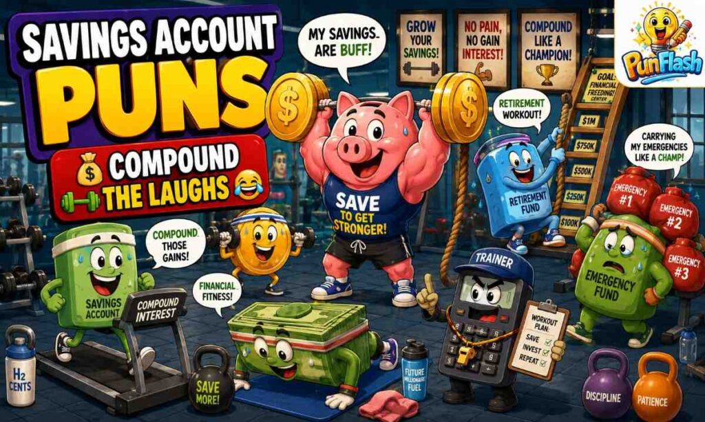 Funny savings account puns cartoon illustration featuring a savings gym where piggy banks, coins, and dollar bills build wealth through compound interest and financial humor.