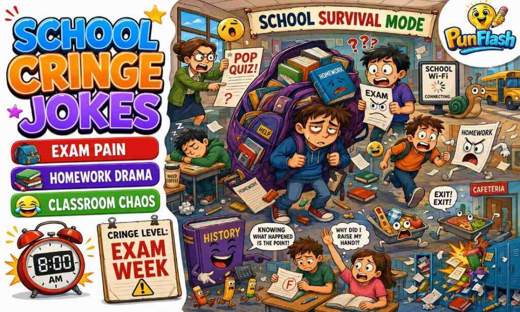 Funny school cringe jokes cartoon image featuring students, homework excuses, exams, slow school WiFi, and hilarious classroom humor