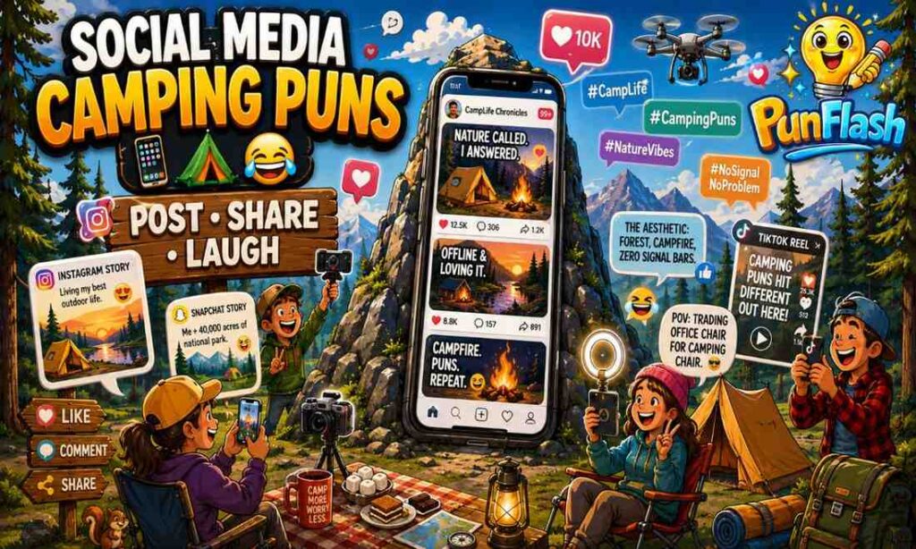 Camping puns for social media illustration featuring campers creating Instagram posts, TikTok videos, camping selfies, and outdoor content in a national park