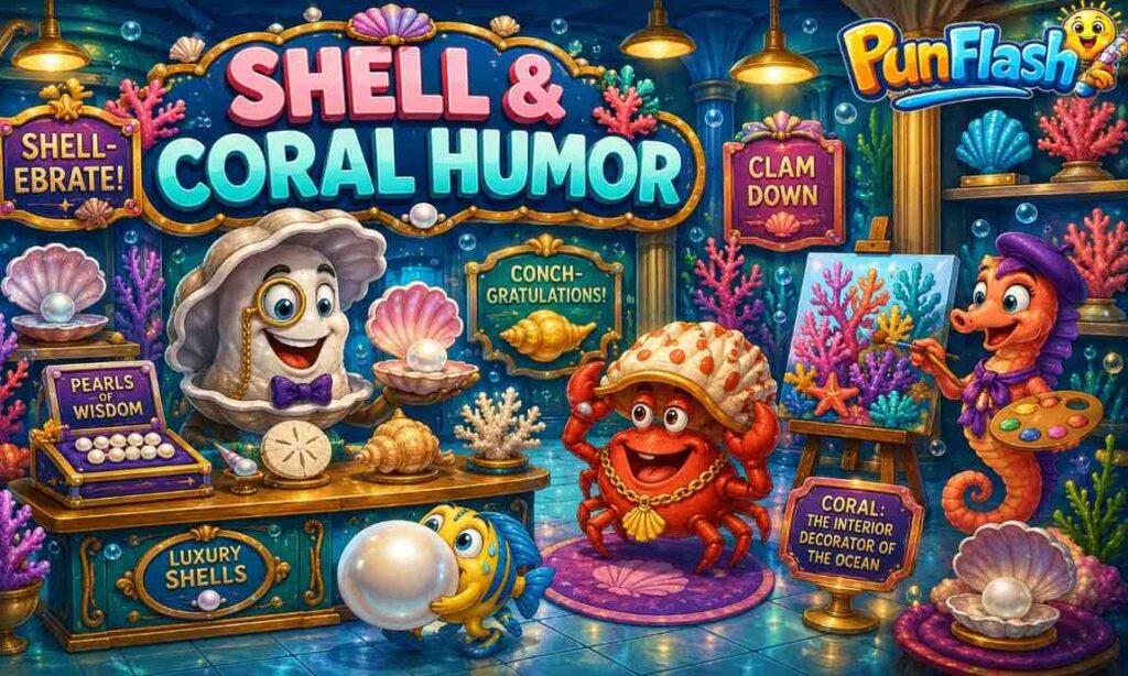 Shell and Coral Humor cartoon image featuring colorful coral reefs, pearls, seashells, oysters, and funny underwater shell puns