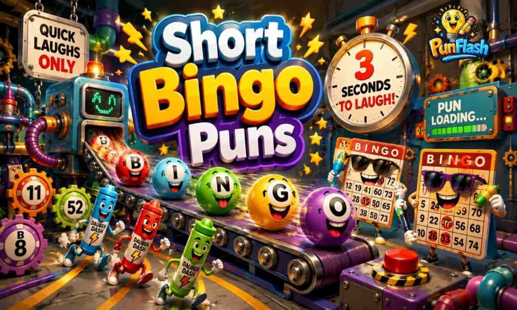 Cartoon illustration of short bingo puns featuring funny bingo balls, racing daubers, smiling bingo cards, and a colorful game factory designed for quick laughs and game night humor.