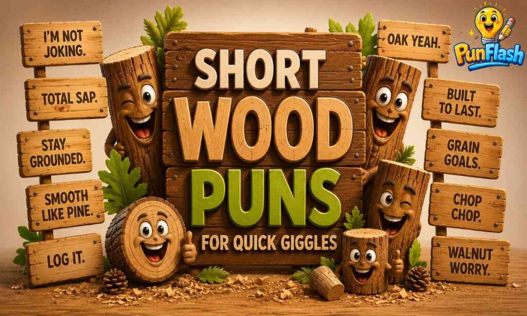 Short wood puns blog image featuring smiling log characters, wooden signboards, wood grain textures, oak leaves, and funny woodworking jokes for quick laughs.