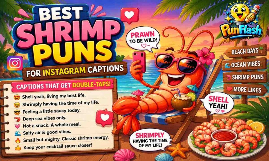 Cartoon shrimp relaxing on a tropical beach while sharing funny shrimp puns and Instagram captions for ocean, seafood, and beach-themed social media posts.