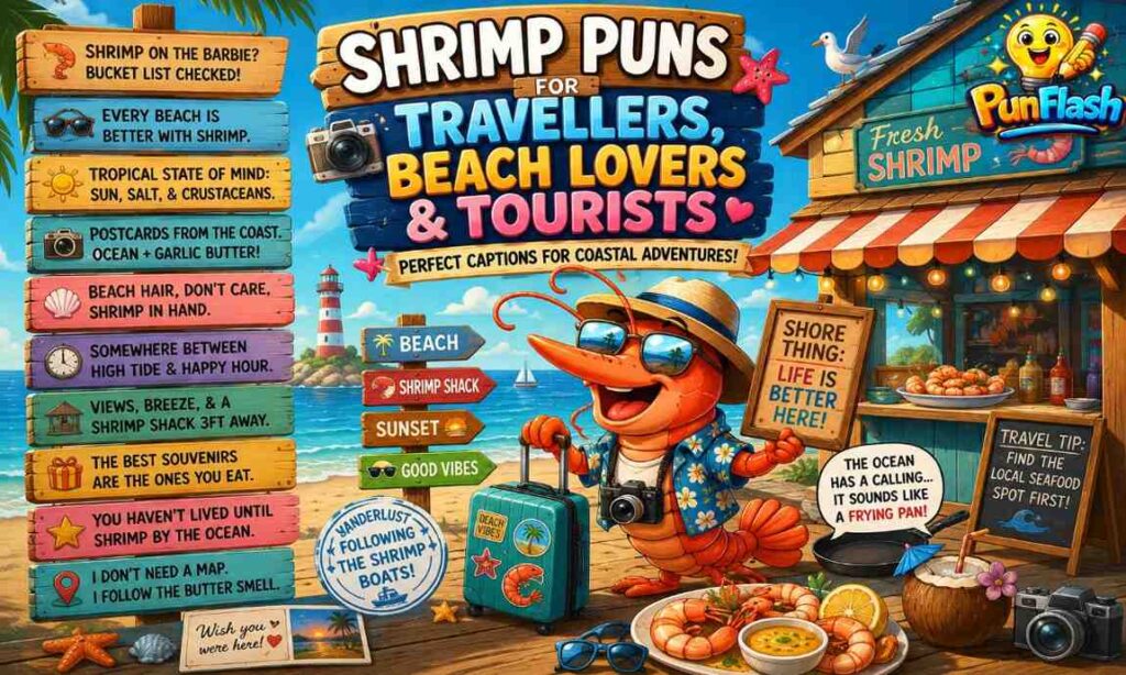 Colorful cartoon shrimp traveler on a beach adventure with coastal puns, seafood captions, tropical vacation humor, and ocean-inspired wordplay.