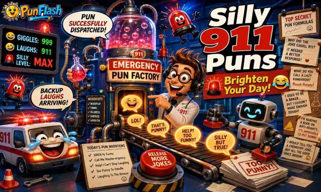 Cartoon 911 pun laboratory with funny emergency puns, dispatcher humor, and silly 911 jokes.