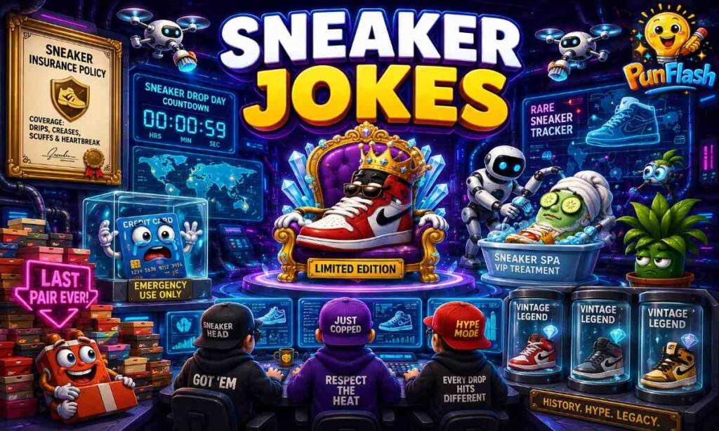 Sneaker jokes cartoon illustration featuring rare sneakers, sneaker collectors, sneakerhead humor, limited edition shoes, and futuristic sneaker culture.
