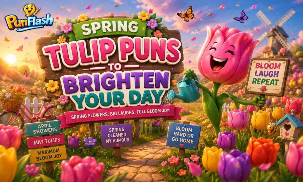Spring tulip puns cartoon with colorful blooming tulips in a sunny spring garden