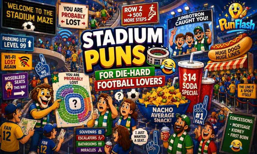 Stadium puns illustration featuring soccer fans navigating a giant stadium maze with foam fingers, giant nachos, stadium maps, and funny football fan humor.