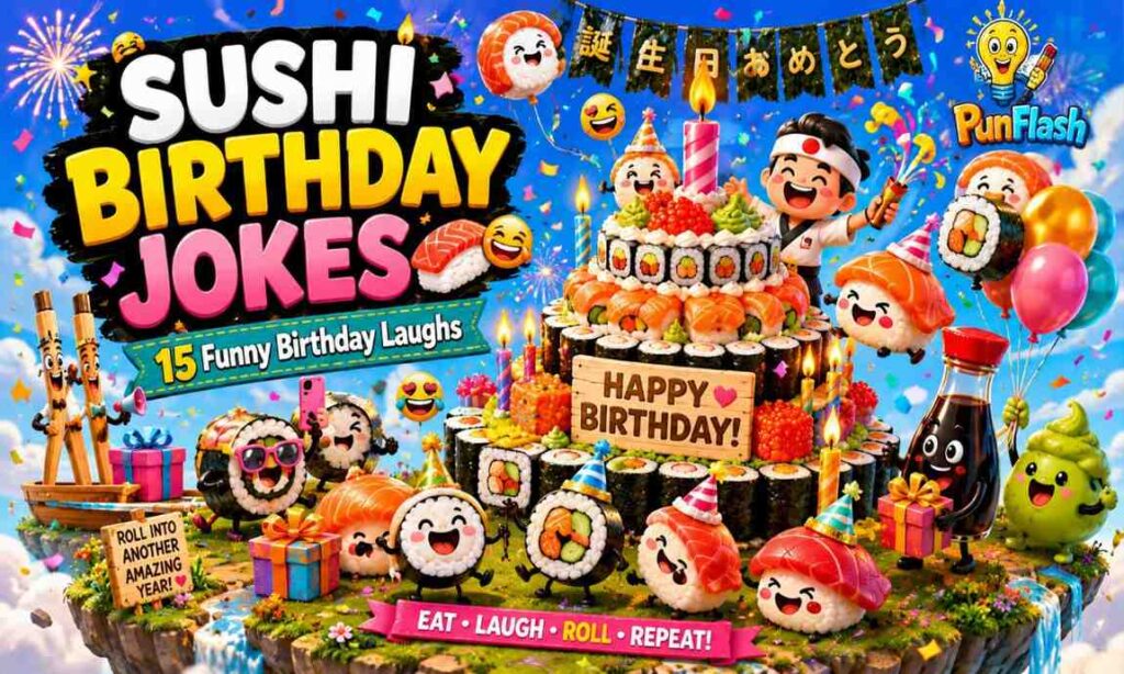 Funny sushi birthday jokes featuring cartoon sushi rolls, birthday cake, balloons, presents, and party-themed sushi characters