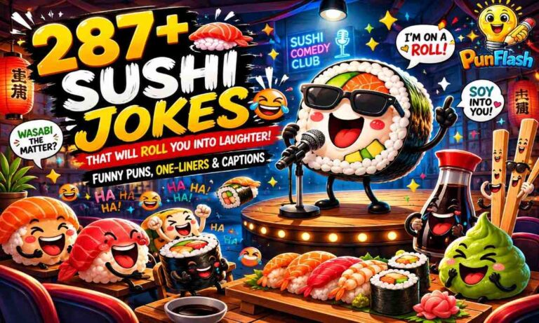funny sushi jokes featuring cartoon sushi rolls, wasabi characters, salmon, tuna, and sushi puns for food lovers