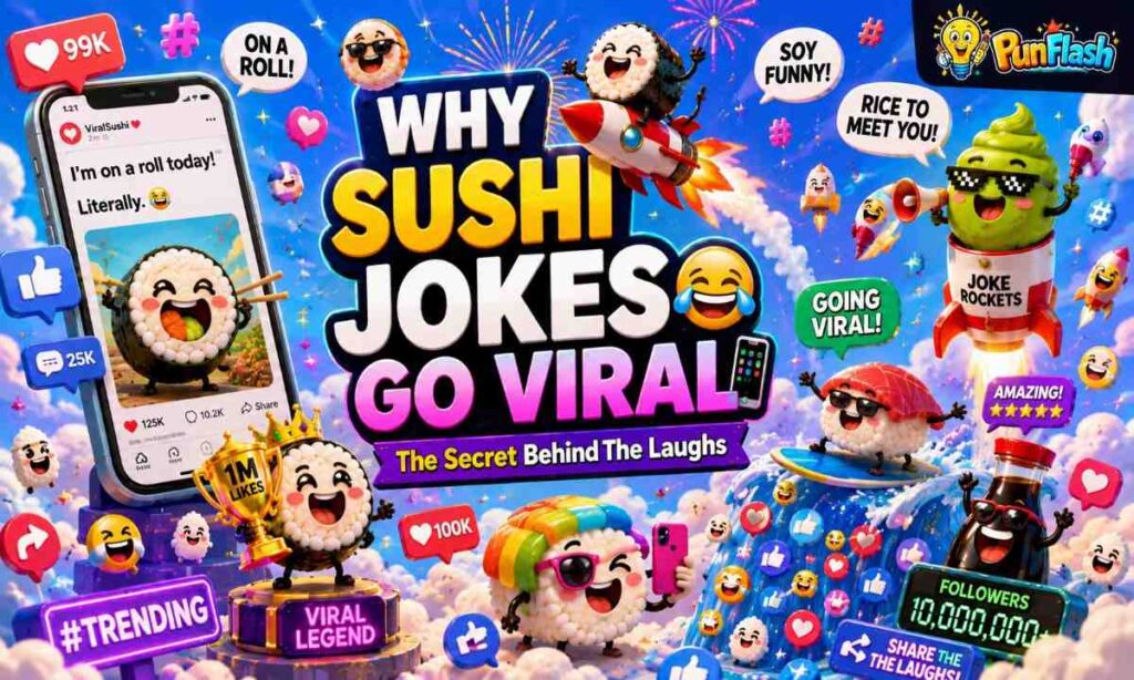 Why sushi jokes go viral on social media featuring cartoon sushi rolls, likes, shares, emojis, and viral internet humor