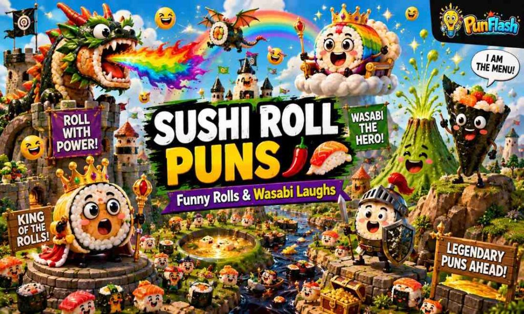 Funny sushi roll puns featuring dragon roll, rainbow roll, California roll, wasabi volcano, and cartoon sushi kingdom characters