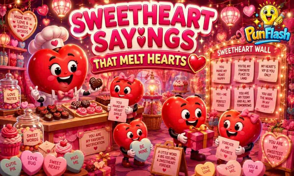 Sweetheart sayings illustration featuring cute cartoon hearts, romantic love notes, heart-shaped chocolates, candy hearts, and heartwarming sweetheart messages in a magical candy boutique.