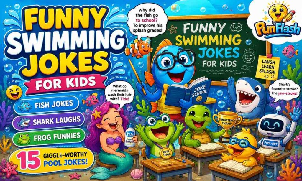 Funny swimming jokes for kids featuring cartoon fish, mermaid, turtle, shark, duck, and frog telling family-friendly swimming pool jokes.