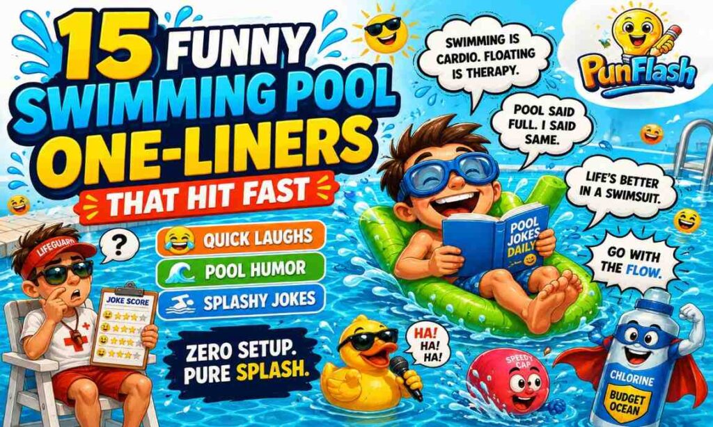 Funny swimming pool one-liner jokes featuring cartoon swimmer, pool noodle, chlorine humor, floating jokes, and hilarious swimming pool comedy.