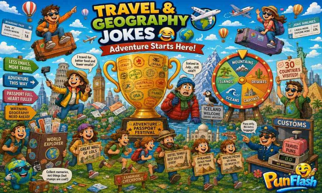 Funny travel and geography jokes cartoon featuring world travelers, famous landmarks, suitcases, and adventure-themed humor.