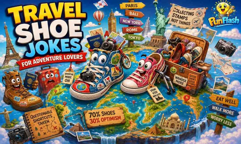 Funny travel shoe jokes cartoon featuring adventurous sneakers exploring the world with luggage maps and travel gear