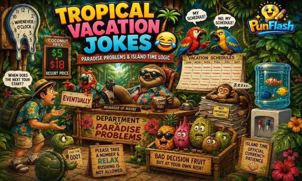 Cartoon tropical vacation humor with island time jokes, paradise problems, funny jungle office, coconut prices, tropical wildlife comedy, and travel laughs.