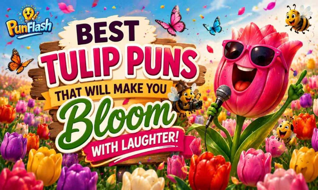 Funny tulip puns cartoon with colorful blooming tulips in a spring garden