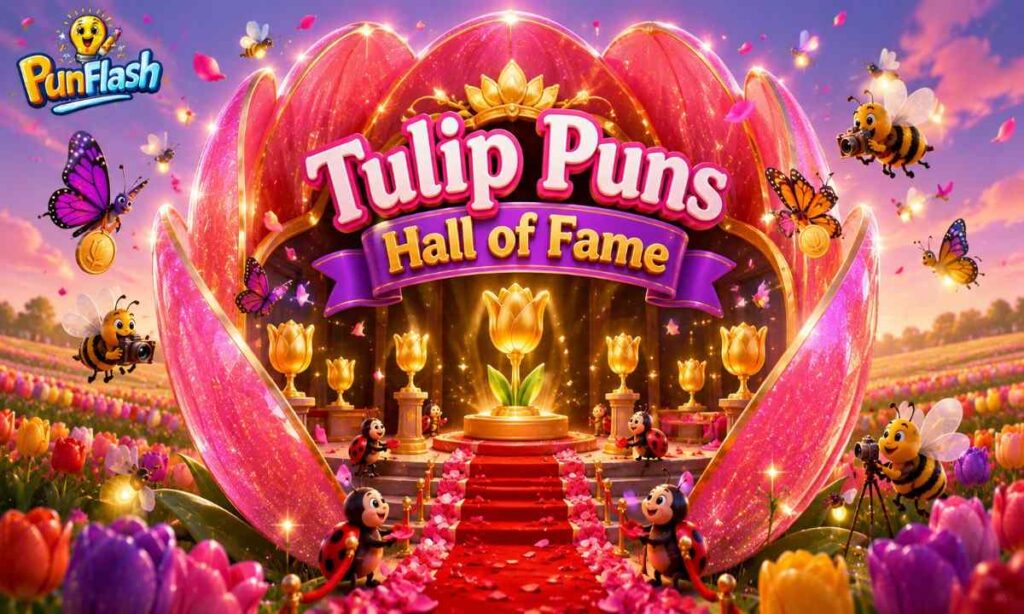 Tulip Puns Hall of Fame cartoon with colorful blooming tulips and magical flower awards