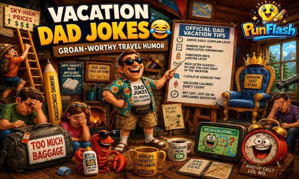 Cartoon vacation dad jokes image with travel humor, luggage jokes, family vacation comedy, dad puns, funny travel tips, and mountain cabin laughter.