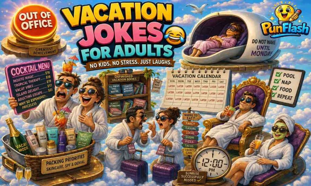 Cartoon adult vacation jokes image with travel humor, couples getaway comedy, out of office jokes, luxury vacation laughs, relaxation humor, and adults-only travel fun.
