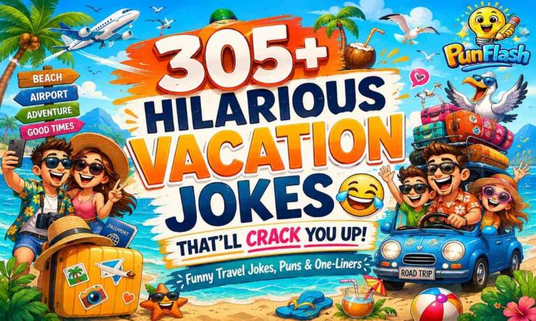 Colorful vacation jokes artwork with travel puns, family holiday humor, beach jokes, airplane jokes, cruise jokes, and funny tourist adventures.