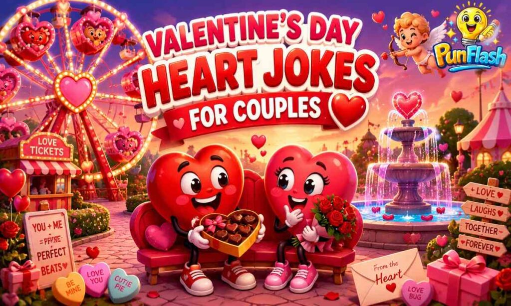 Valentine's Day heart jokes illustration featuring cartoon heart couples, romantic heart puns, love jokes, Valentine's humor, heart emojis, chocolates, roses, and Cupid at a festive amusement park.