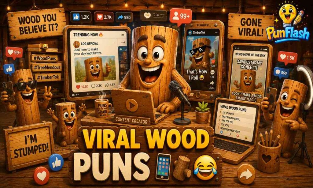 Viral wood puns blog image featuring log influencer characters, social media memes, trending wood jokes, wooden smartphones, and internet-inspired woodworking humor.