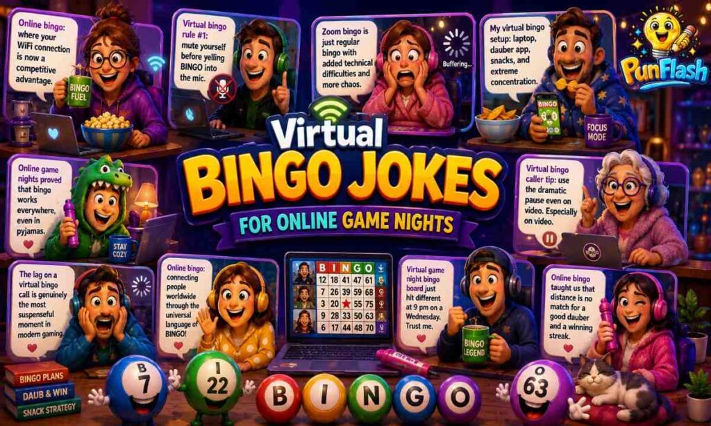 Colorful cartoon illustration of virtual bingo jokes featuring online bingo players, video calls, laptops, bingo cards, daubers, WiFi, Zoom-style game night, and funny online bingo humor.