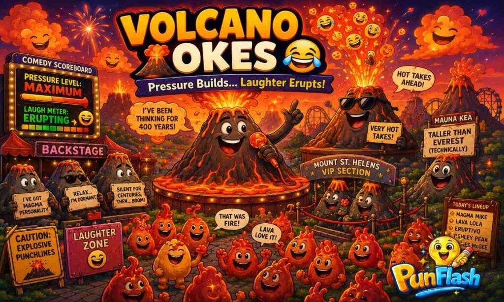 Funny volcano jokes cartoon featuring humorous volcano characters erupting with laughter in a colorful volcanic comedy world.