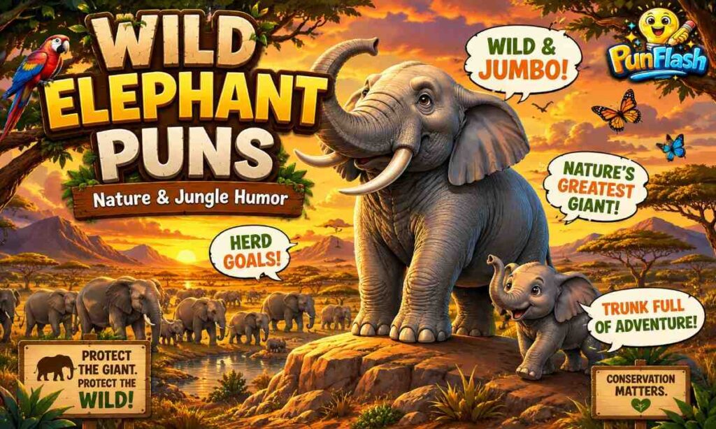 Majestic African elephant in a wildlife habitat with jungle humor, elephant puns, nature captions, conservation themes and animal kingdom scenery