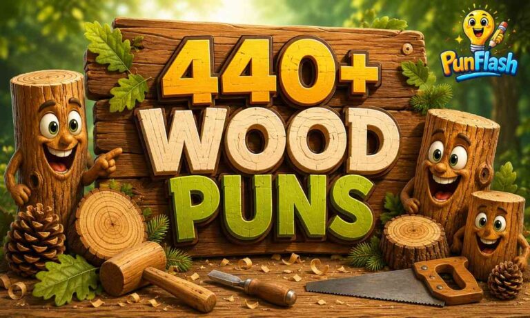Wood puns featured image with wooden signboard, smiling log characters, woodworking tools, tree rings, oak leaves, and wood grain textures.
