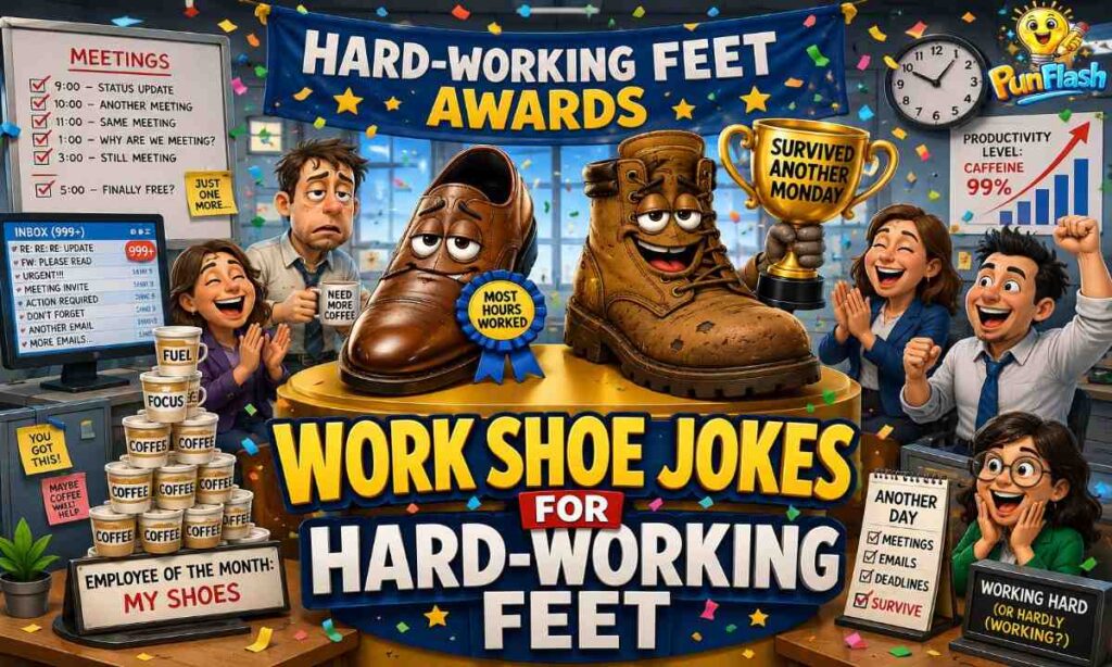 Funny work shoe jokes cartoon featuring office shoes winning employee of the month awards in a corporate workplace
