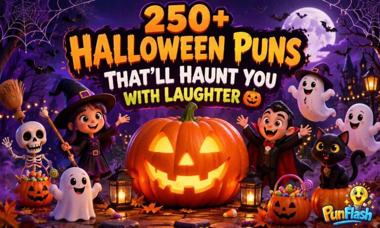 Halloween puns with pumpkin, ghosts, witch, and black cat