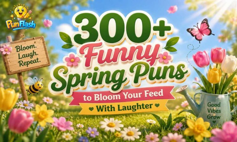 Funny spring puns with blooming flowers and butterfly