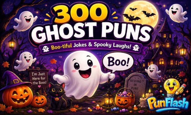300 Ghost Puns with cute ghosts, pumpkins, bats, haunted house, and Halloween decorations.