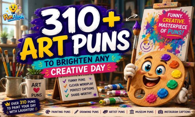 Funny 3D cartoon art puns illustration with artist palette, paintbrush, canvas, and colorful painting supplies.