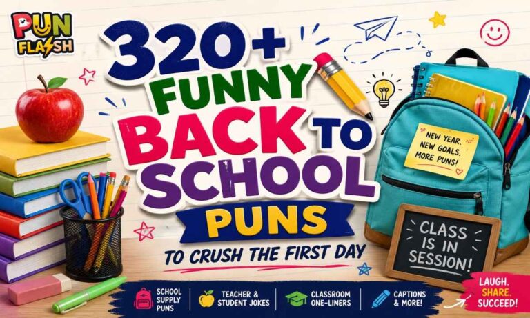 Funny back to school puns with colorful school supplies