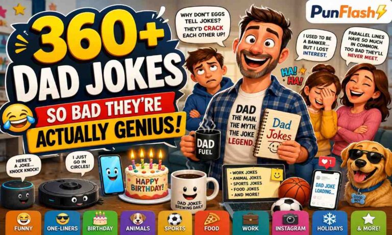 360+ funny dad jokes collection featuring classic, clean, corny, one-liner, birthday, animal, tech, and family-friendly dad jokes for kids and adults