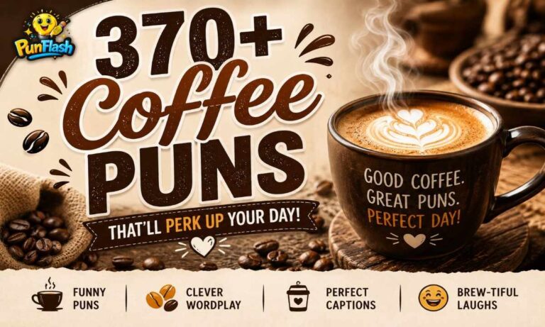 Funny coffee puns with a steaming latte and coffee beans