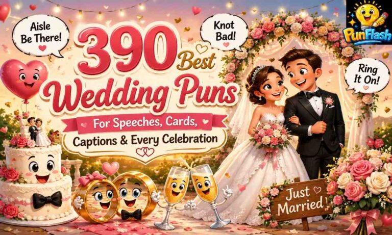 Cartoon wedding puns featuring a bride, groom, wedding cake, rings, and funny marriage jokes.